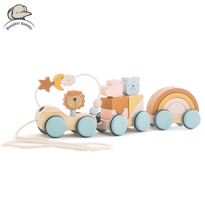 Kids Toys 2 Year Old - 木製モンテッソーリおもちゃ動物ブロック列車ビルディングブロックスタッキングおもちゃプッシュとプルトロリー手動ベビーバランスおもちゃギフト